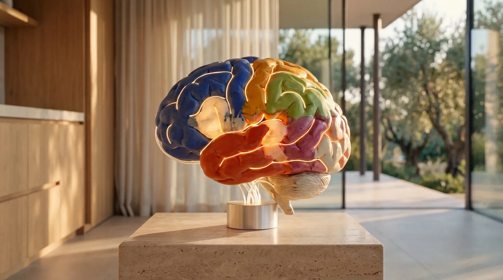 A sculpted, multicolored brain on a stone plinth in a warm sunlit room